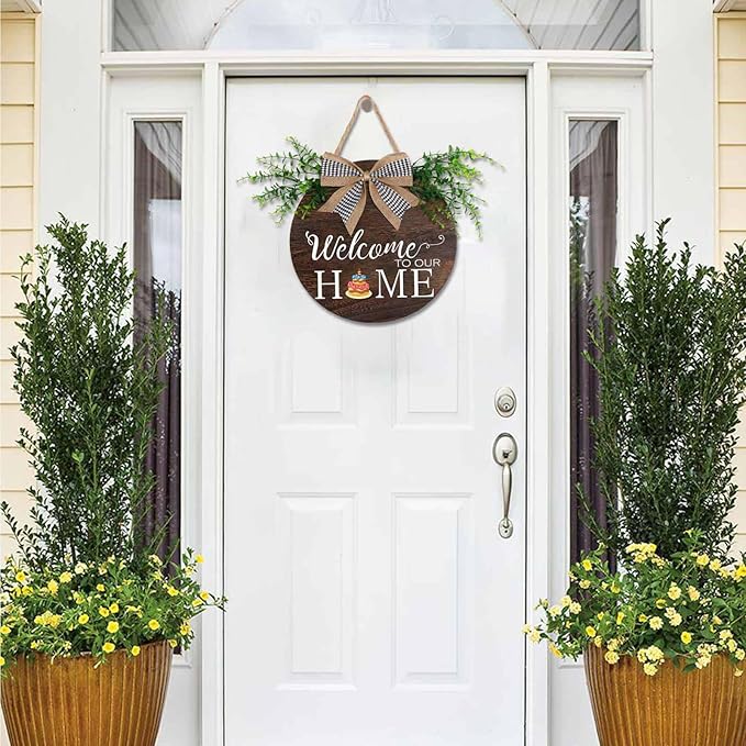 Interchangeable Welcome to Our Home Sign, Equipped with 16 Replaceable Icons, Farmhouse Front Door Signs Wooden Wreath Suitable for All Seasons Holiday Halloween Christmas (12x12 Inch)