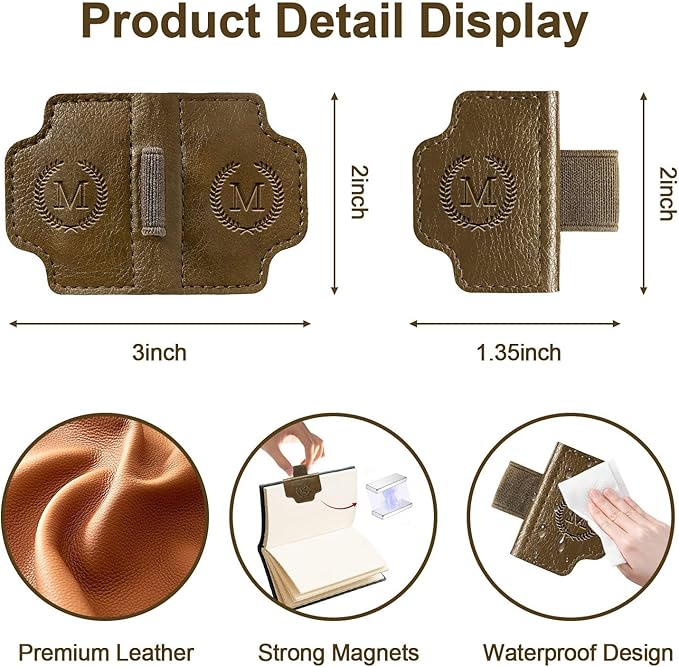 BygoneMark Magnetic Leather Bookmark with Pen Holder, Personalized Custom Initial Page Marker & Pen Clip, Professional Book Accessory for Students (Dark Brown-W)
