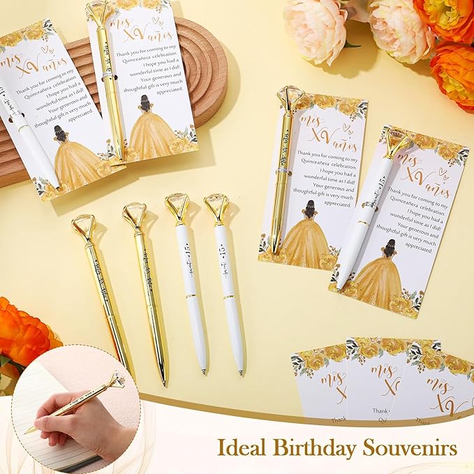50 Set Quinceanera Party Favors for Guest Sweet 15 Diamond Pens Bulk Mis XV Años Fancy Ballpoint Pen with Thank You Cards and Ties 15th Birthday Thank You Gifts(White, Gold)