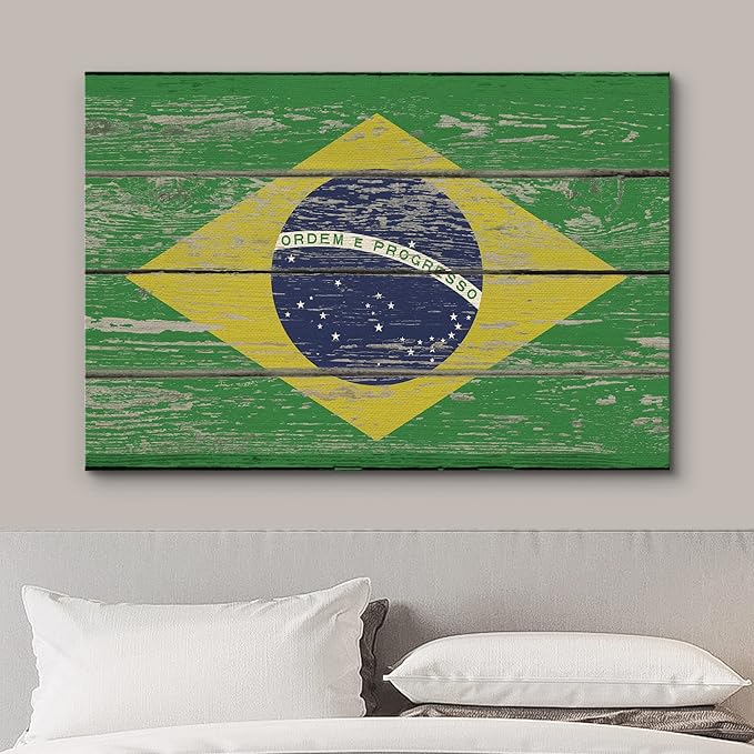 wall26 Canvas Print Wall Art Brazilian Flag on Vintage Retro Wood Panels Pop Culture Cultural Digital Art Modern Art Traditional Colorful for Living Room, Bedroom, Office - 32"x48"