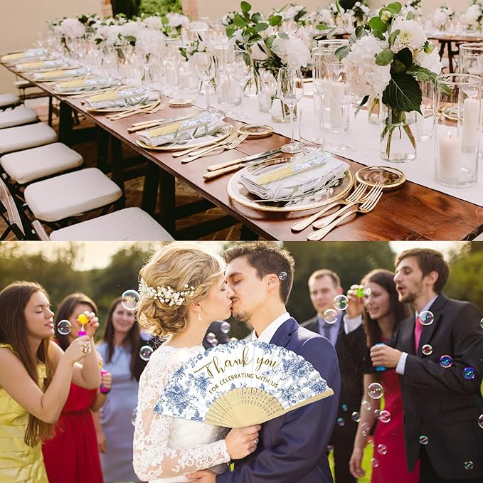 50 Pcs Wedding Foldable Hand Fans Wedding Party Favor with Bag Something Blue Before I Do Handheld Fans Thank You for Celebrating with Us for Bridal Shower Bridesmaid Gift(Blue White Flowers)