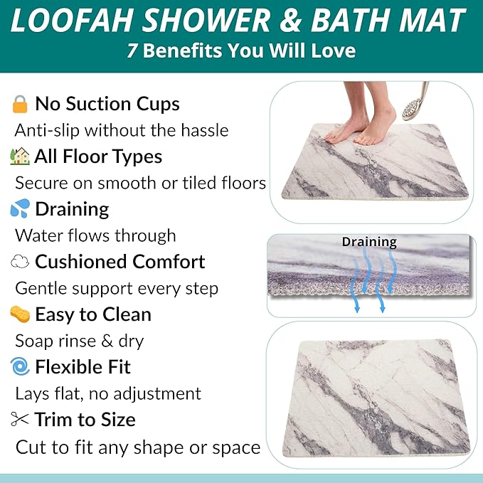 Enkosi Loofah Shower Mat Non Slip – Square Anti Slip Bath Mat for Inside Showers, Bathtub, Tub, Bathroom - Cushioned, Quick Dry PVC with Drain Holes - Secure Grip Safety Pad (Marble Grey 24x24)