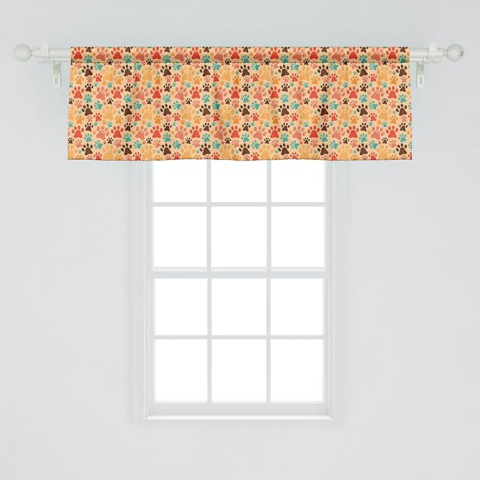 Ambesonne Dog Lover Window Valance Pack of 2, Colorful Paw Print Pattern with Abstract Animal Canine Art on Creamy Backdrop, Rod Pocket Curtain Valances for Kitchen Bedroom, 54" X 18", Pale Orange