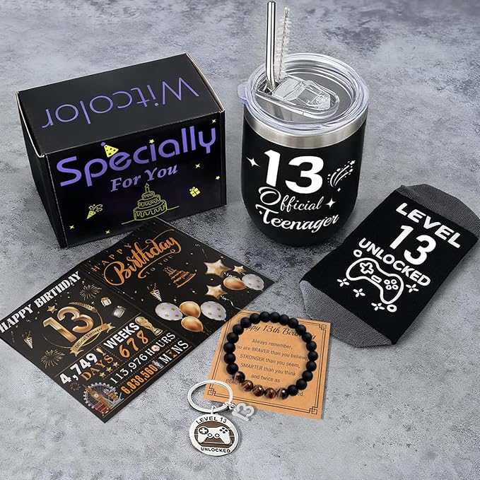 13th Birthday Gifts For Boys,13 Year Old Boy Birthday Gift Ideas with 12 Oz Tumbler, Funny Socks,Birthday Card, Bracelet,Keychain,Coolest Gifts for 13 Son Grandson Nephew Friend Birthday