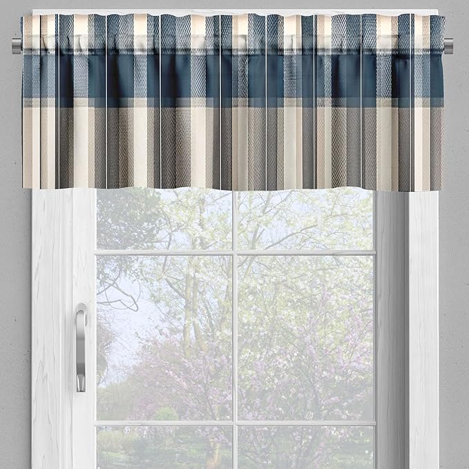 Ambesonne Farmhouse Valance & Tier Curtain 3 pcs Set, Cottagecore Farm Life Pattern with Tartan Rooster Barn and Garden, Window Treatments for Kitchen Room Decor, 55" x 24", Slate Blue Orange Green
