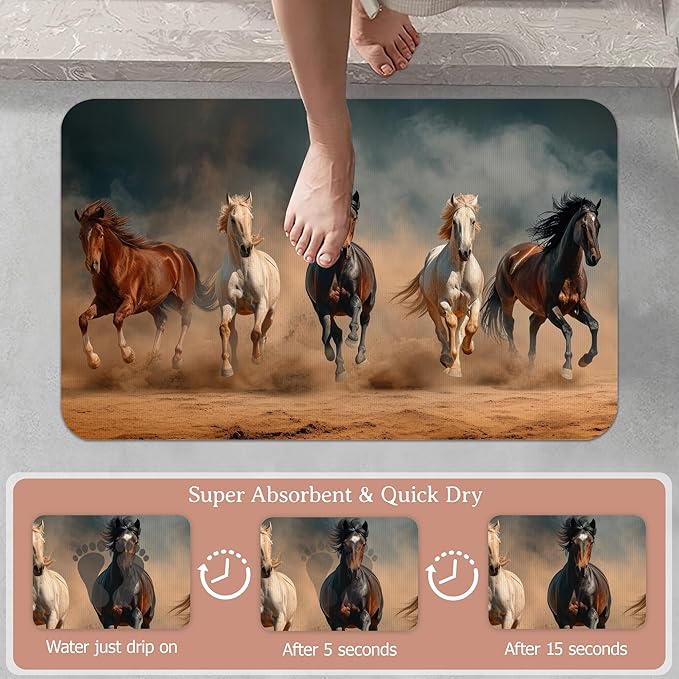 Non Slip Bath Mat,Horses Running Bathroom Decor,Desert Landscap Diatomaceous Bath Mat Quick Dry Absorbent Bathroom Rugs-Shower Rug for Kitchen Laundry Bathtub Shower 17"x29.5"