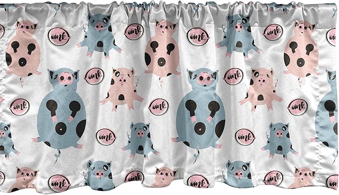 Ambesonne Farm Animal Window Valance, Repetitive Pattern of Cartoon Pigs, Curtain Valance for Kitchen Bedroom Decor with Rod Pocket, 54" X 12", Blue Grey Blush