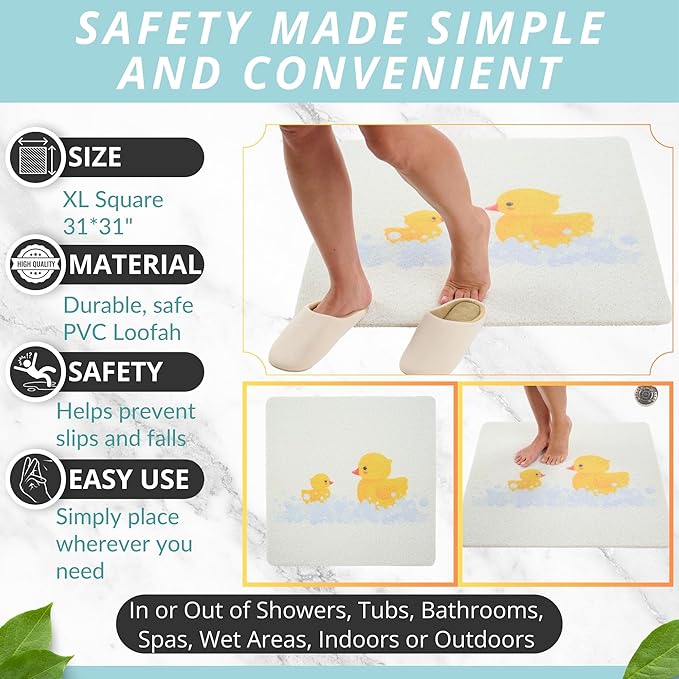 ENKOSI Loofah Shower Mat for Kids – Non-Slip Square Bath Mat with Duck Print – Extra Large 31x31 Mat for Inside Shower, Bathroom, Tubs– Soft, Kid-Friendly, and Secure (31x31 Duck)