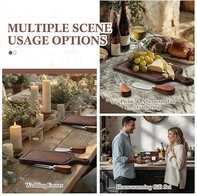 1 Set Bridal Baby Shower Cheese Prizes Wooden Square Board Gift Set Knives Forks Thank You Tags with Box for Guests for Valentines Bridal Baby Shower Housewarming (Walnut Wood)
