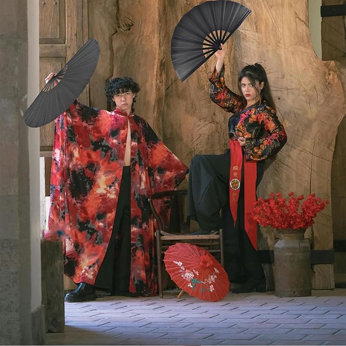 2pcs Large Black Folding Fans Handheld Nylon Cloth Classical Fans with Holder Sleeve Chinese Kung Fu Fan for Festival Performance Dance Decorations Gifts
