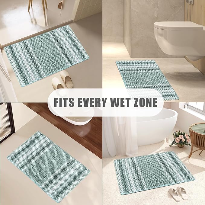 HDFK Bath Mat & Bathroom Rugs, Soft Looped Popcorn Chenille Non-Slip Shower Rug, Super Absorbent & Odorless Hot Melt Adhesive Striped Carpet for Bathtub Floors (24x17 Inch, Light Turquoise Blue Green)