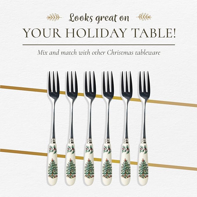 Spode Christmas Tree Pastry Forks (Set of 6), Stainless Steel Forks with Porcelain Handles for Holiday Meals, 6-Inch Festive Christmas Flatware - Seasonal Tableware & Silverware Gift Set