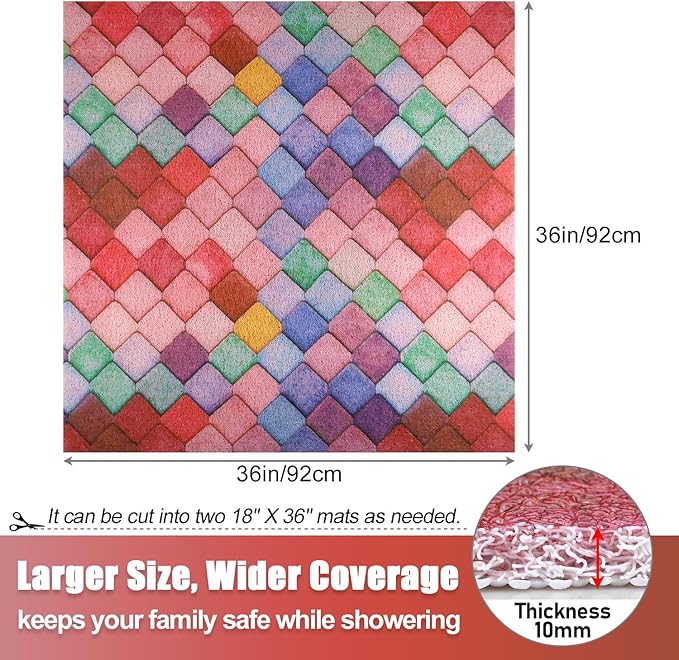 Non Slip Shower Mat, 36x36 Inch Large Soft and Comfortable Bath Mat, PVC Loofah Massage Shower stall Mat, Anti Slip Mat for Shower, Tub, Floor, Bathroom, Kitchen, Hotel, Quick Drying