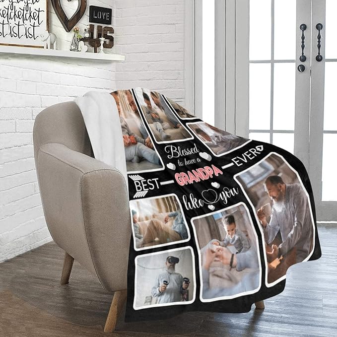 Custom Blanket Gifts with Photos, Personalized Bed Throws for Grandpa, Custom Souvenir Throw Blanket for Best Grandpa Ever, 8 Collages Made in USA