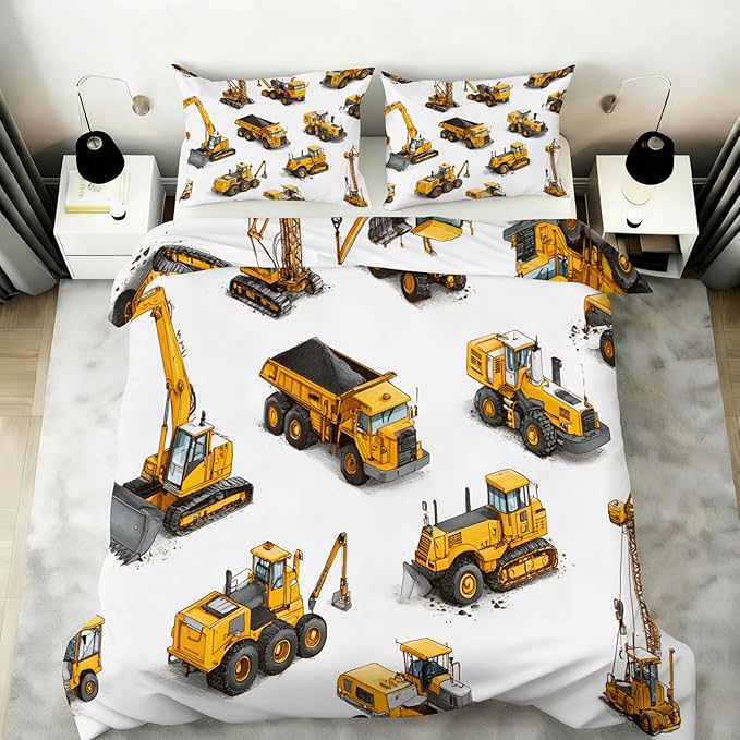 Construction Vehicles Duvet Cover Full Size Tractor Excavator Dump Truck Bedding Set Boys’ Construction Vehicle Comforter Set Cartoon Mechanical Car Duvet Cover with Pillowcases for Bedroom