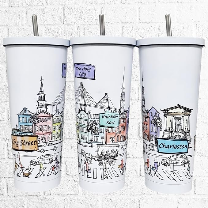 Cities Around the World 25 Oz Tumbler Series - Designed in the USA - Vacuum Insulated Tumbler with Lids & Straw - Stainless Steel Coffee Water Travel Mug, Cup for Hot Cold Drink (Charleston)