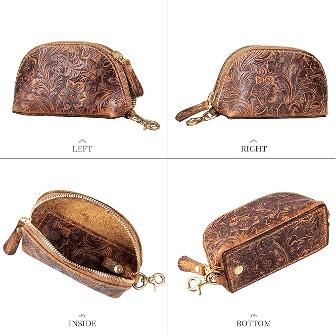 Gexmil Genuine Leather Coin Purse with Zipper, Full Grain Leather, Mini Coin Pouch for Women Men, Change Wallet,Floral Brown
