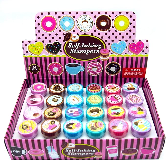 TINYMILLS 24 Pcs Donuts Stampers for Kids Donut Party Favors Goodie Bag Stuffers Pinata Fillers Classroom Rewards Carnival Prizes