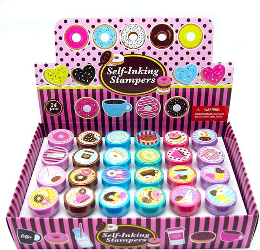 TINYMILLS 24 Pcs Donuts Stampers for Kids Donut Party Favors Goodie Bag Stuffers Pinata Fillers Classroom Rewards Carnival Prizes