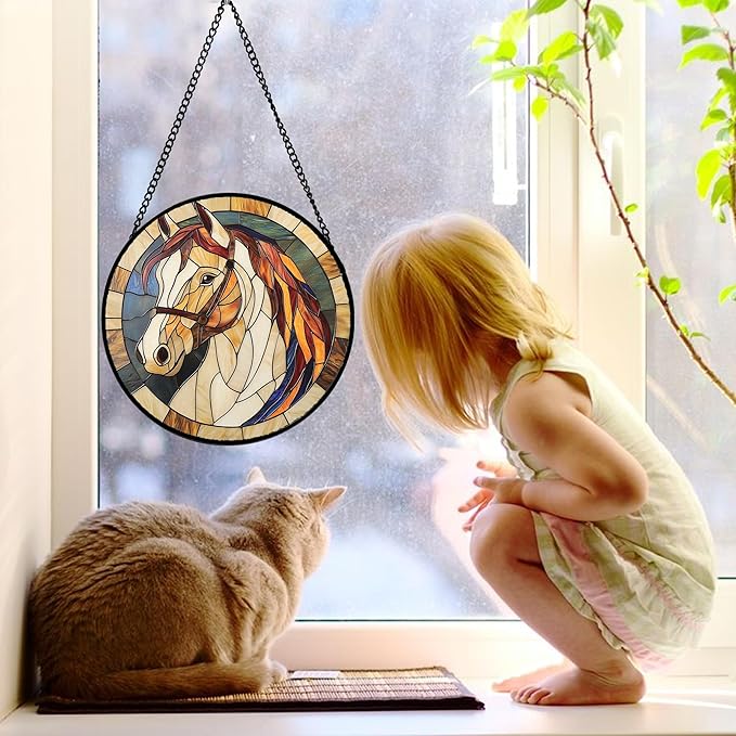 Stained Glass Window Hanging, Animal Horse Colored Mane Sun Catchers Glass Panel Cool Suncatcher Decor for Birthday for Women, Men, Wife, Aunt, and Mom 11.8x11.8 in