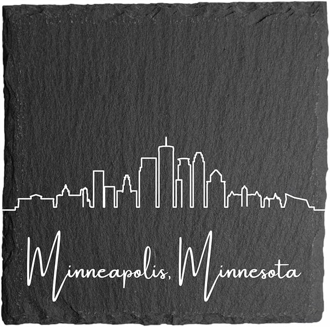 Blue Ridge Mountain Gifts - Minneapolis MN Skyline Coasters, Set of 4 - Minneapolis Minnesota Souvenir, Slate Coasters with Minimalist Skyline, Housewarming Gift for Friends, Family, & Neighbors