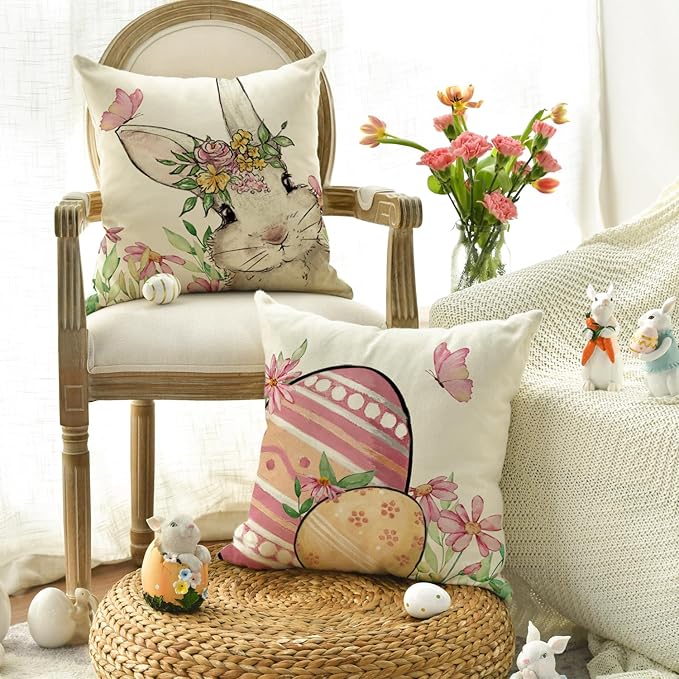 AVOIN colorlife Happy Easter Hunny Bunny Grey Throw Pillow Covers, 18 x 18 Inch Easter Eggs Bunny Spring Cushion Case for Sofa Couch Set of 4