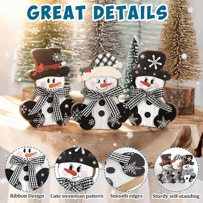 3 Pcs Christmas Wood Centerpieces for Tables Wooden Snowman Table Decor Rustic Merry Xmas Tabletop Signs Block Winter Desktop Decorations Indoor Tiered Tray Office Desk Shelf Home Mantel Holiday Party