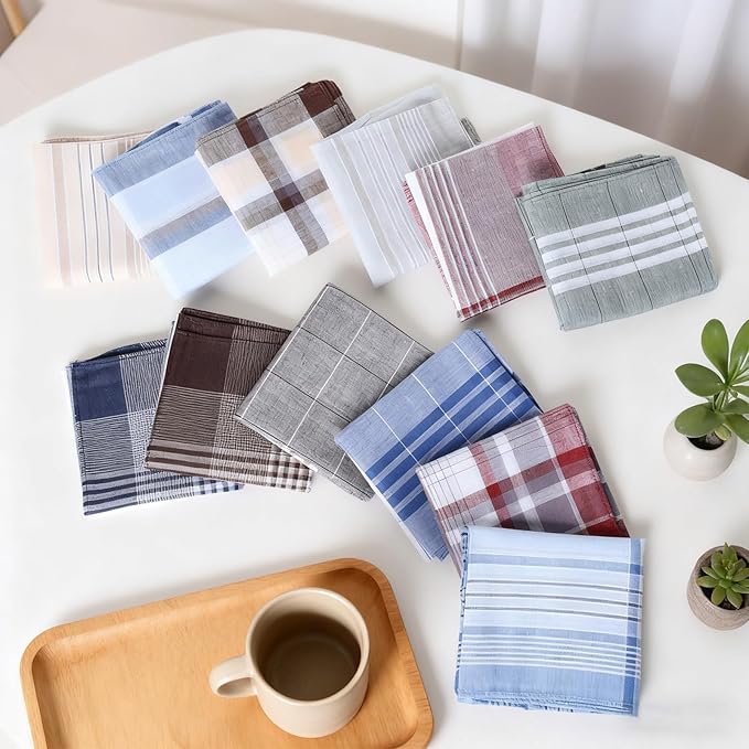 12 Pcs Pure Cotton Handkerchief Set for Men Checkered Print Handkerchiefs for Suits Daily Use