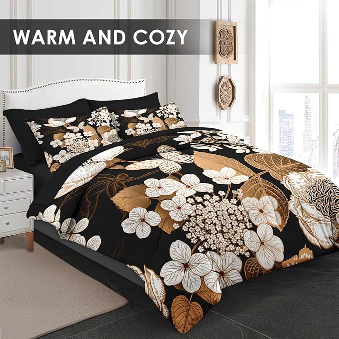 Comforter Set Queen Size, Hydrangea Butterfly Flower 7 Pcs Bedding for Kids and Adults, Black Gold Bed Sheet Sets with Fitted Sheet 2 Pillowcase & 2 Sham for Bedroom Bed Decor
