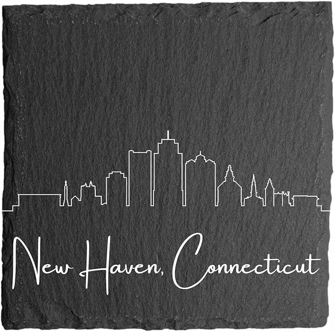 Blue Ridge Mountain Gifts - New Haven CT Skyline Coasters, Set of 4 - New Haven Connecticut Souvenir, Slate Coasters with Minimalist Skyline, Housewarming Gift for Friends, Family, & Neighbors