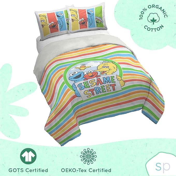 Saturday Park Sesame Street Full/Queen Duvet Cover and Sham Set - Elmo and Cookie 3 Piece 100% Organic Cotton Duvet Set - GOTS & Oeko-TEX Certified