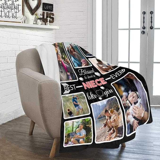 Custom Blanket Gifts for Niece, Customized Blankets with Photos, Make a Personalized Bed Throws to My Niece, Custom Souvenir Throw Blanket for Best Niece Ever, 8 Collages Made in USA