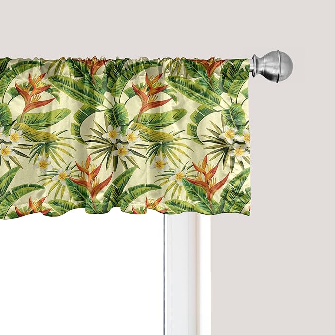 Ambesonne Tropical Window Valance, Exotic Plumeria Flowers and Palm Tree Leaves on Cream Background Hawaiian Flora, Curtain Valance for Kitchen Bedroom Decor with Rod Pocket, 42" x 18", Orange Green