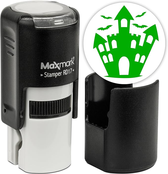 MaxMark Round Self Inking Halloween Stamp - Castle - Green Ink