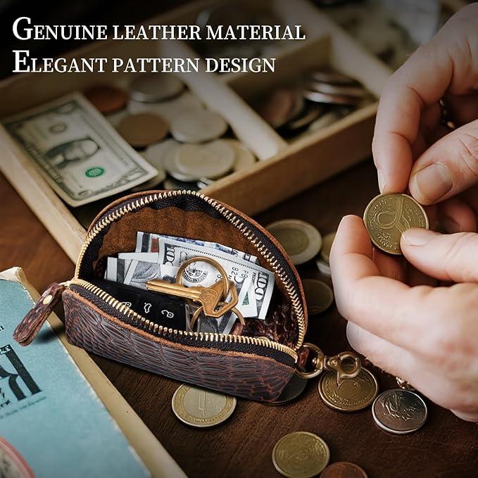 Gexmil Genuine Leather Coin Purse with Zipper, Full Grain Leather, Mini Coin Pouch for Women Men, Change Wallet,Crocodile Brown