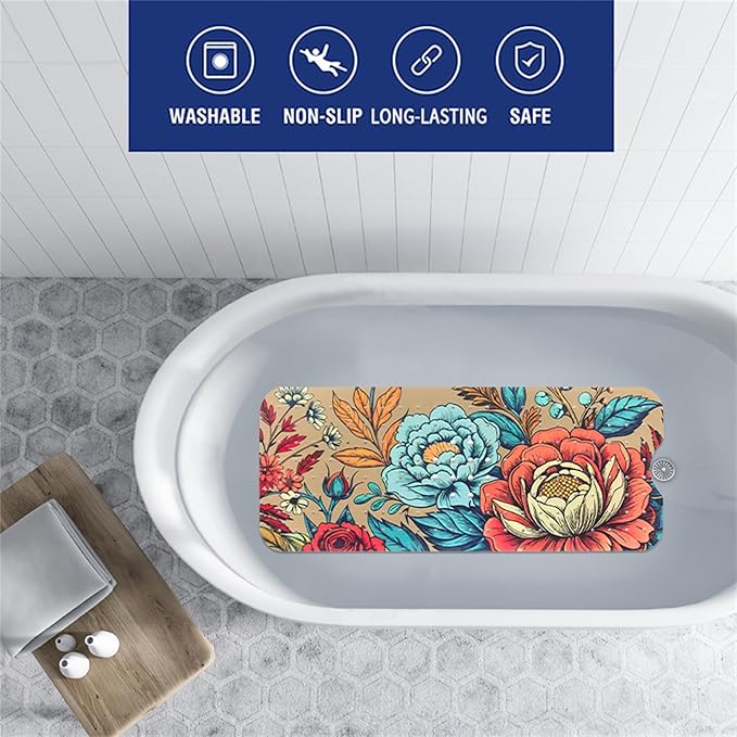 Bohemia Floral Bathtub Mat Non Slip for Kids 40x16in Extra Long Anti Slip Bath Mat for Tub Boho Flower Bath Shower Mat with Large Drain Holes and Suction Cups Vintage Plant Design Bathroom Decor