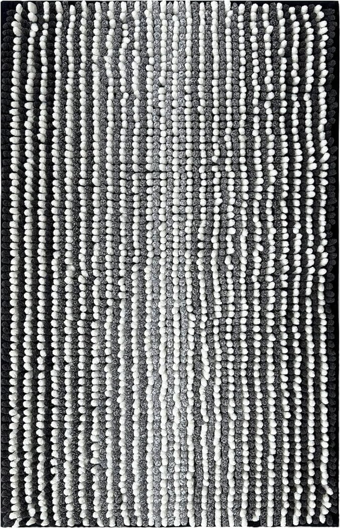 HDFK Bath Mat & Bathroom Rug - Extra Large Chenille Shower Carpet, Quick-Dry Non-Slip with Hot Melt Adhesive Base, Machine Washable Medium-Height Striped for Bathtub Floor (32x20 Inch, Black & White)