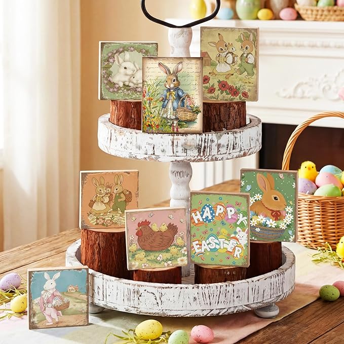 Wenqik 8 Pcs Vintage Easter Decorations Retro Bunny Wooden Sign Easter Table Centerpiece Tiered Tray Decor Bunny Ornaments Cute Spring Chicks Decor for Home Tabletop Desk Shelf Office Farmhouse