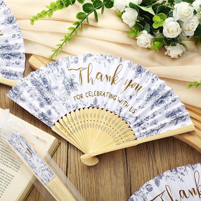 50 Pcs Wedding Foldable Hand Fans Wedding Party Favor with Bag Something Blue Before I Do Handheld Fans Thank You for Celebrating with Us for Bridal Shower Bridesmaid Gift(Blue White Flowers)