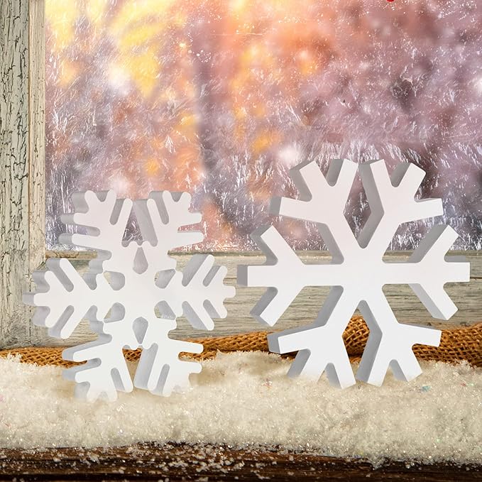 Blulu 4 Pcs Winter Wooden Snowflakes Decor Tabletop Decorations Christmas Snowflake Signs Winter Wooden Xmas Standing Table Sign Christmas Fireplace Decoration for Party Birthday(White)