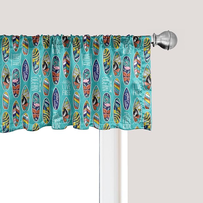 Ambesonne Surfboard Window Valance, Aloha Hawaii Live Free Ocean Water Sports Inspired Pattern Coastal Inspirations, Curtain Valance for Kitchen Bedroom Decor with Rod Pocket, 42" x 12", Seafoam