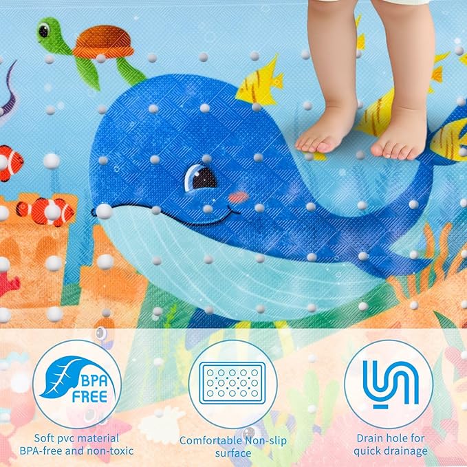 Reetual Cartoon Baby Bath Mat – Non Slip Kids Bathtub Mat for Toddlers, 40" x 16", Suction Cups & Drain Holes, Machine Washable (Whale)