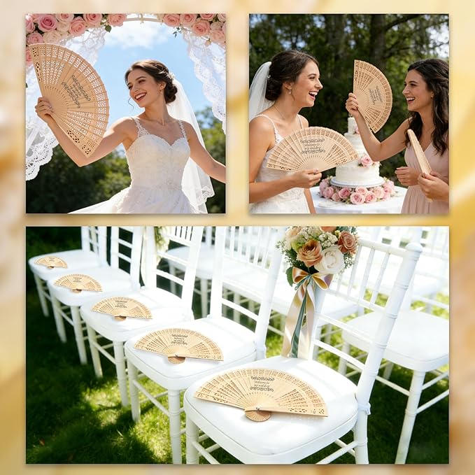 MOSADO Personalized Wedding Fans for Guests, Custom Foldable Sandalwood Fans Bulk with Organza Bags and Tassels, Unique Bridal Shower Party Favors Wedding Favors for Guests (50)