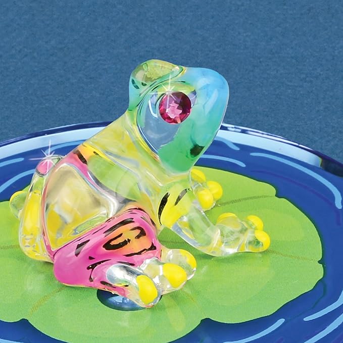 Glass Baron Frog on Lily Pad Glass Figurine, Hand Blown & Sculpted with Austrian Crystal Accents & Airbrushed Glass, Beveled Mirror Base, Collectible Ornament for Home Decor Table Centerpiece