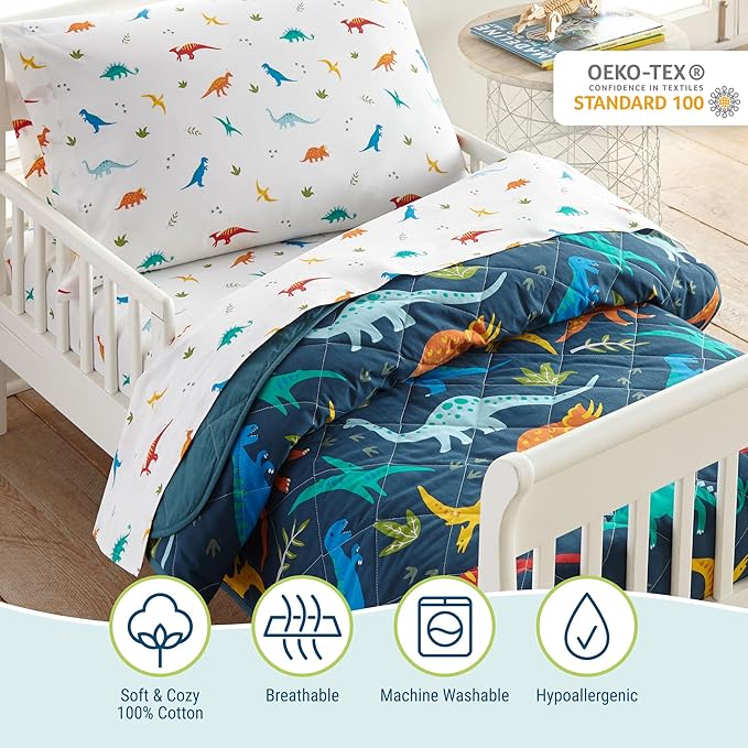 Wildkin 4-Piece Toddler Bed in a Bag – Cotton Comforter, Sheets & Pillowcase for Cozy Cuddles - Jurassic Dinosaurs