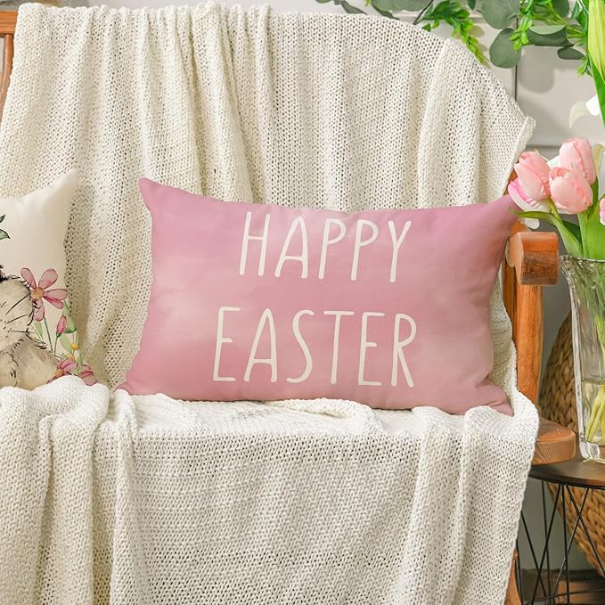 AVOIN colorlife Happy Easter Hunny Bunny Pink Throw Pillow Covers, 12 x 20 Inch Easter Eggs Bunny Spring Cushion Case for Sofa Couch Set of 4