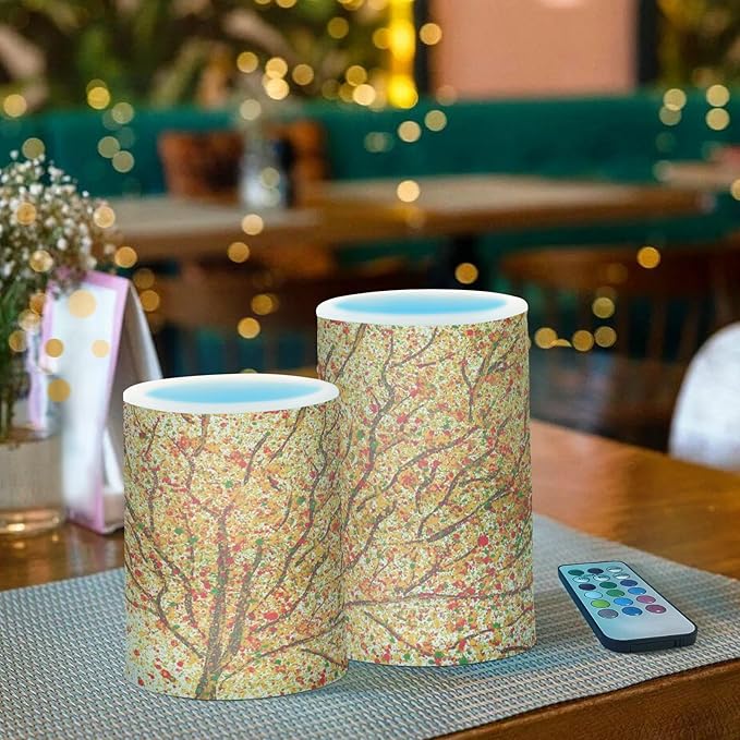 ALAZA Autumn Fall Tree Flickering Flameless Candles Battery Operated with Remote Timer,Tea Light Candles LED Pillar Votive Candles Set of 2 for Outdoor Indoor Decorations
