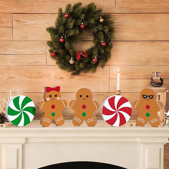 Gingerbread Christmas Decorations Tiered Tray Decor, 5 Pcs Gingerbread Candy Wooden Signs Table Decor for Home Kitchen Office