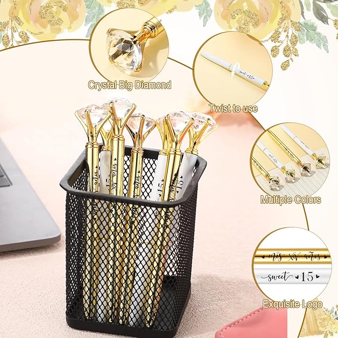 50 Set Quinceanera Party Favors for Guest Sweet 15 Diamond Pens Bulk Mis XV Años Fancy Ballpoint Pen with Thank You Cards and Ties 15th Birthday Thank You Gifts(White, Gold)