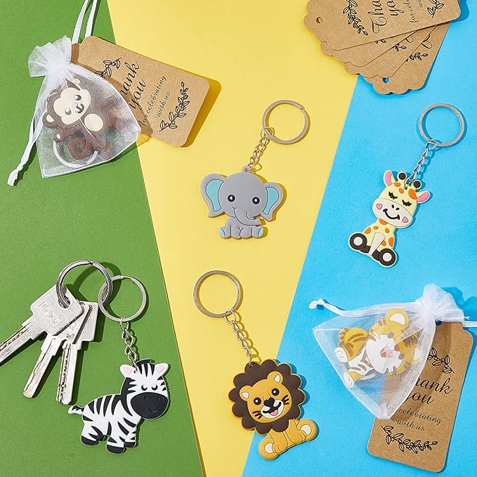270 Pieces Cute Jungle Animal Keychains Safari Baby Shower Decorations Zoo Animals Decoration with Thanks Tags and Organza Bags for Birthday Favor